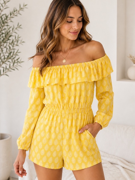 Michael Kors Pants - Michael Kors Women’s S Yellow Boho Ruffle Off Shoulder Romper Long Sleeve Casual